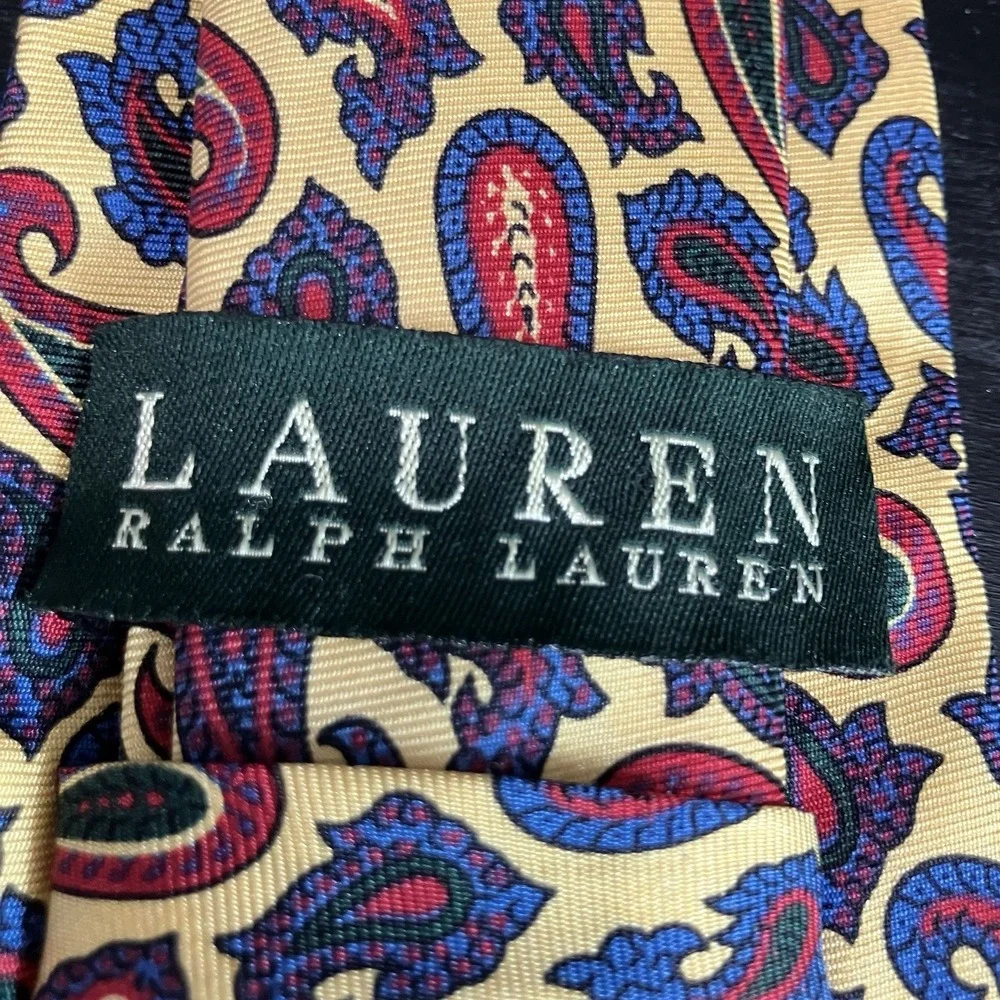 Lauren Ralph Lauren Handmade Silk Necktie Gold Blue Red Paisley Classic Vintage